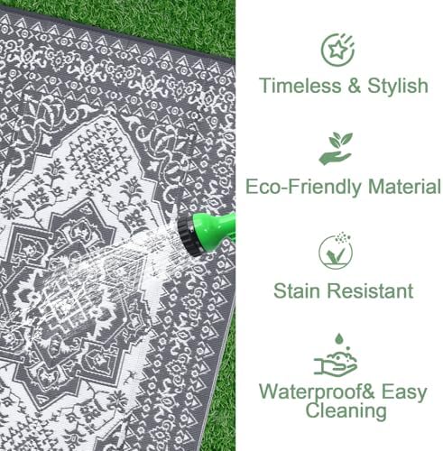 COZYLOOM Waterproof Outdoor Rug 9x18 ft, Plastic Reversible Rug, Vintage Area Rug, Large Floor Mat with 4 Stakes for Outdoors, RV, Patio, Backyard, Deck, Picnic, Beach, Camping, Grey & White - Image 4