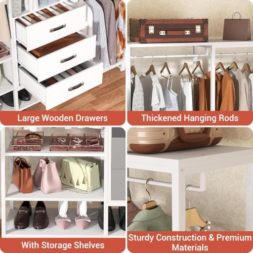 Freestanding Closet Organizer System with 3 Drawers, 6FT Heavy Duty Clothing Rack with Shelves and 6 Hanging Rods, Large Corner L Shaped Garment Rack, White - Image 5