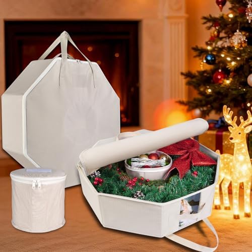 BrilliantJo 2 Pack Wreath Storage Christmas Garlands Bag with Interior Pockets Large Xmas Container Box for holiday Decorations Case with Zipper Handles Window Labeling Card Slot 24" Houndstooth by BrilliantJo