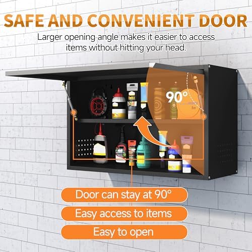 Metal Garage Wall Cabinet with Up-Flip Door, Float Tool Cabenit with Adjustable Shelf,Steel Wall-Mounted Storage Cabinet with Pegboard for Kitchen,Garage,Workshop,Warehouse(19.7"H,Black&Gray) - Image 4
