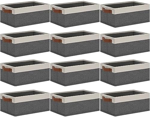 GhvyenntteS Small Fabric Storage Bins 12 Pack, Storage Basket with Leather Handles, Closet Storage Bins for Shelves, Storage Baskets for Shelves, Home, Office (Grey/White, 11.8" x 7.87" x 5.11") by GhvyenntteS