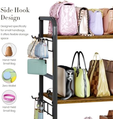 Purse Organizer for Closet, with Bottom Drawer, Extra Large Capacity 3 Tier Handbag Storage Rack for Women, 10 Purse Hanger and Hooks for Bag Organizer, Floor-Standing, Home, Living Room (Black) - Image 4