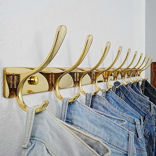 SKOLOO Coat Rack Wall Mounted - 10 Hooks, Pack of 2, Heavy Duty, Stainless Steel, Metal Wall Hangers, Sturdy Coat Hooks for Hanging Coats, Jacket, Clothes, Hat, Bright Gold - Image 2