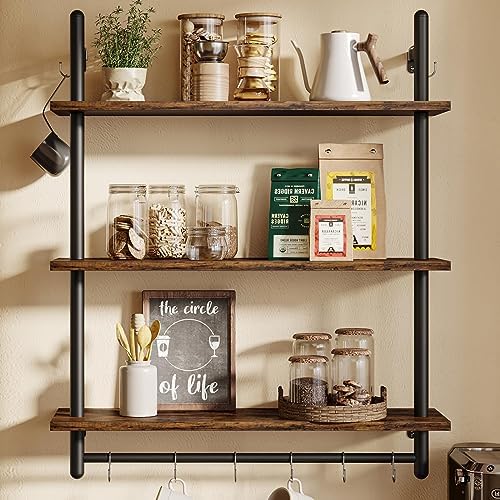Bestier 3 Tier Industrial Pipe Shelving, Floating Book Shelves for Wall, Storage Hanging Shelves with Towel Bar for Bathroom Organizer Bedroom Kitchen Plants Office. 31.5 Inch Rustic Brown by Bestier