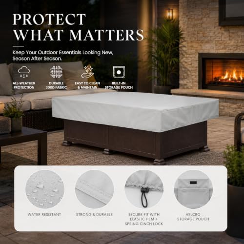 Treasure Garden X-Large Rectangle Fire Pit Cover, 300D Outdoor Table & Ottoman Cover, Water Resistant, UPF50+ UV Protection, Elastic Hem, Cinch Lock, Built-In Pouch & Storage Bag, Gray, 59in - Image 3