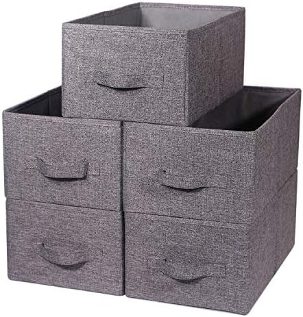 TENABORT Set of 5 Closet Organizer Bins with Handle, Fabric Foldable Storage Baskets Cloth Box Containers for Shelves Home Office Clothes Clothing, Gray, Large by TENABORT