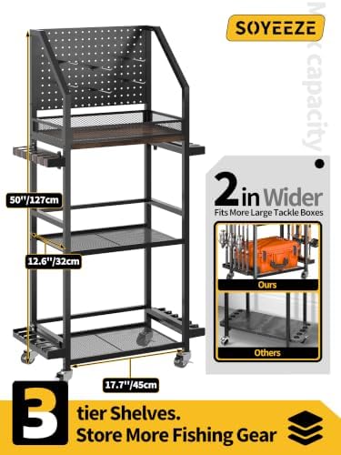 SOYEEZE Fishing Rod Holders for Garage, Fishing Pole Holders Up to 12 Rods with Pegboard and Hooks,Rolling Fishing Cart with Wheels, Fishing Gear Storage For Tackle Box & Reel Organization- 10 Hooks - Image 2