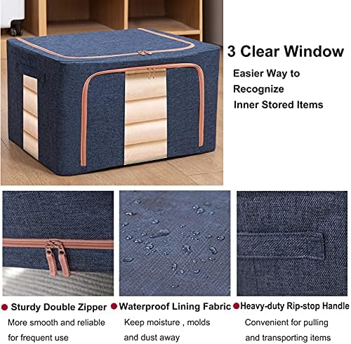 Large Capacity Clothes Storage Bags,Stackable Storage Organizer with Foldable Metal Frame, Zipper, Handles, Clear Window, Navy, 3 Pack) - Image 6