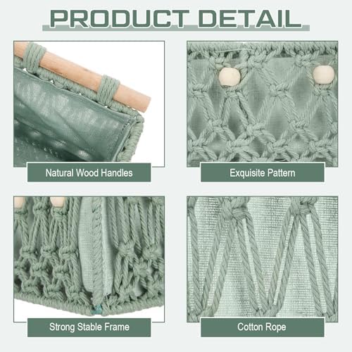 Vesici 4 Pcs Sage Green Macrame Storage Baskets Shelves 13" 11" Wood Handle - Image 3