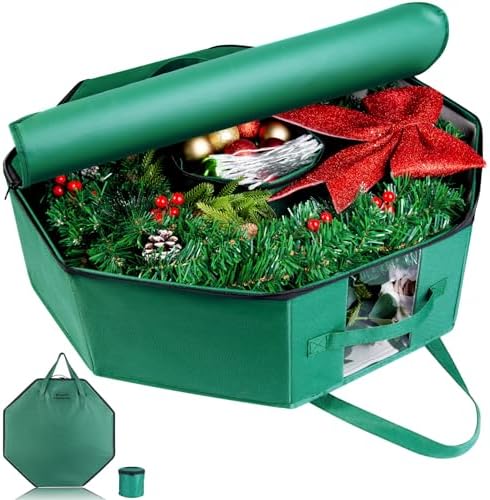 BrilliantJo Wreath Storage Christmas Garlands Bag with Interior Pockets Large Xmas Container Box for holiday Decorations Case with Dual Zipper and Handles Window Labeling Card Slot 24" Green by BrilliantJo