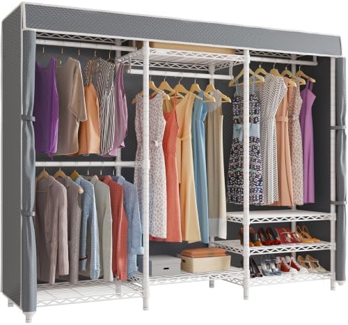 VIPEK V5C Portable Bedroom Armoires Wardrobe Closet with Cover, Heavy Duty Adjustable Clothing Rack, White Metal with Grey Oxford Fabric, 68.9" Lx15.7 Wx76.4 H by VIPEK