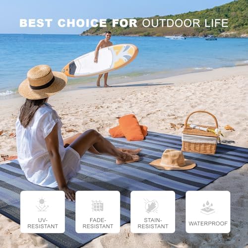 wikiwiki 9x12ft Outdoor Rug, Reversible Plastic Patio Rug Waterproof, Indoor Outdoor Carpet Clearance, Large Area Carpet for Patio Deck Balcony Pool RV Camping Beach Picnic, Black & Blue - Image 3