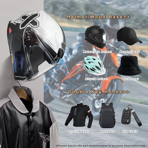 Motorcycle Helmet Holder Wall Mount - Heavy Duty Helmet Hanger Rack with 2 Key Hooks, Solid Wood & Strong Steel Design for Bike, Football, Skiing Sports Gear, Jackets & Hats (6) - Image 5