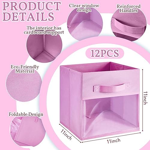 Marsui 12 Pcs Clear Cube Storage Bins 11 Inch Pink Collapsible Kids Storage Bins Fabric Classroom Organizer with Window for Kid Playroom Room Daycare Nursery(Blue, Purple, Rose, Pink) - Image 2