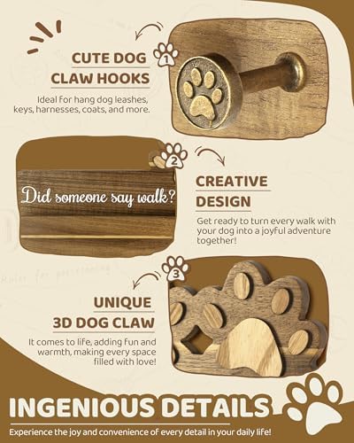 MTERSN Acacia Wood Dog Leash Holder for Wall with Shelf & 6 Hooks, Brown - Image 6