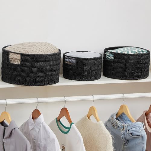 Vagusicc Wicker Storage Basket, Hand-Woven Paper Rope Large Round Woven Basket With Handles, Wicker Baskets for Organizing/Storage, Black, 3-Pack - Image 4