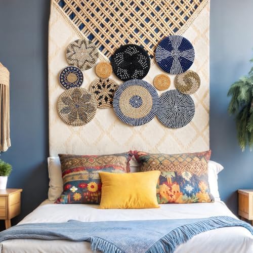 Tatuo 11 Pcs Boho Wall Basket Decor Woven Wall Hanging Art, Blue - Image 2