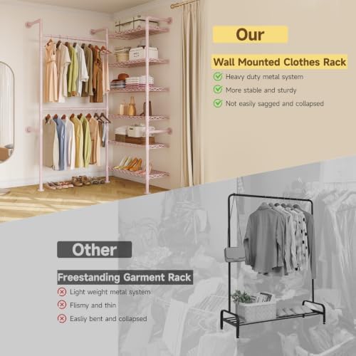 ONBRILL L2 Wall Mounted Closet System, Industrial Pipe Clothing Rack, Pink - Image 5