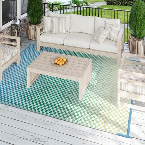 Wonnitar 8x10 Waterproof Outdoor Rugs - Blue Yellow Ombre Checkered Patios Rug, Large Reversible Plastic Straw Mat for Camping RV Balcony, Portable Colorful Outdoor Deck Rug - Image 6