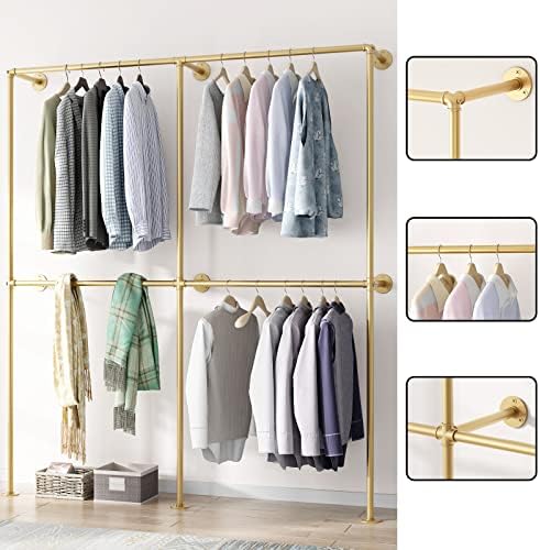 Gold Pipe Clothing Racks Wall Mount Gold Clothes Rack, Heavy Duty Industrial Pipe Clothes Racks Retail Display Hanging Rod for Closet Storage, Laundry Room - Image 5