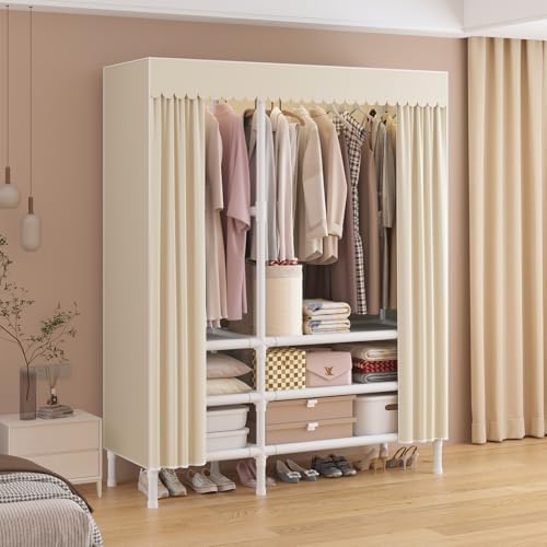Portable Closet with Cover 43.3"x17.7"x65.7" Wardrobe Closet Pale Yellow - Image 2