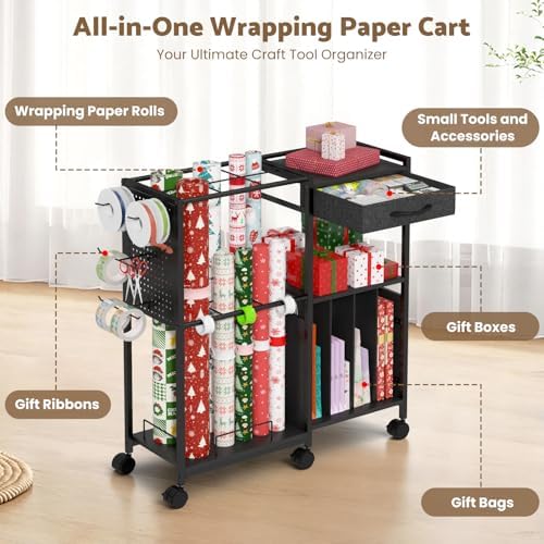 Wrapping Paper Storage Cart, Rolling Gift Wrap Station with Drawer & Hooks - Image 2