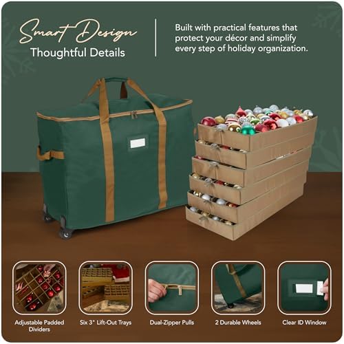 Covermates Keepsakes Rolling Adjustable Ornament Storage Bag – Heavy-Duty Polyester, FlexGrid Trays & Padded Dividers – Protective Holiday Organizer with Wheels, Handles & ID Window, Green - Image 4