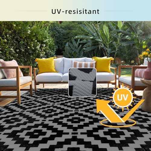 Favoyard Outdoor Rug Black & Grey 8x10 ft Waterproof Reversible Carpet Mat - Image 3