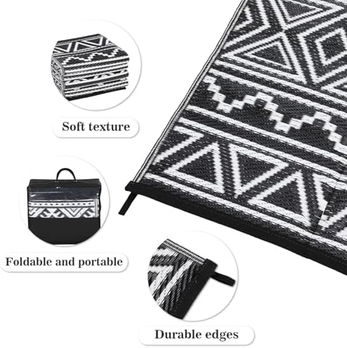 GlowSol Outdoor Rug 9x12 for Patio,Waterproof Outdoor Plastic Straw Rugs with Carry Bag,Reversible Camping Carpet RV Mat Outside for Patio, Camp, Picnic, Balcony, Deck, Backyard, Black & White - Image 3