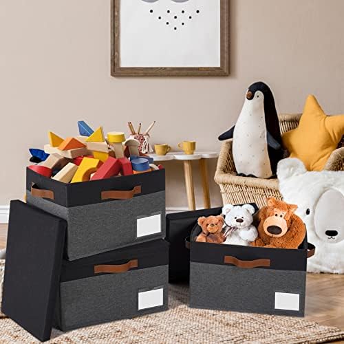 GhvyenntteS Extra Large Storage Bins with Lids, Foldable Fabric Storage Boxes with Lids and Handles, Storage Baskets with Lid and Label for Home Office (3 Pack, Grey&Black, 15.75" x 11.8" x 10.2") - Image 6