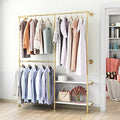 Gold Pipe Clothes Racks with White Shelves, Industrial Pipe Gold Clothing Rack with Double Hanging Rods, Heavy Duty Wall Mounted Clothing Rack Rod for Closet Storage, Bedroom by IronJiaZu