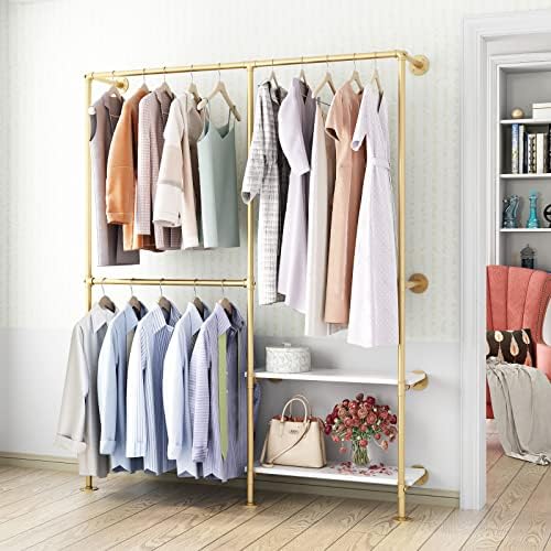 Gold Pipe Clothes Racks with White Shelves, Industrial Pipe Gold Clothing Rack with Double Hanging Rods, Heavy Duty Wall Mounted Clothing Rack Rod for Closet Storage, Bedroom by IronJiaZu