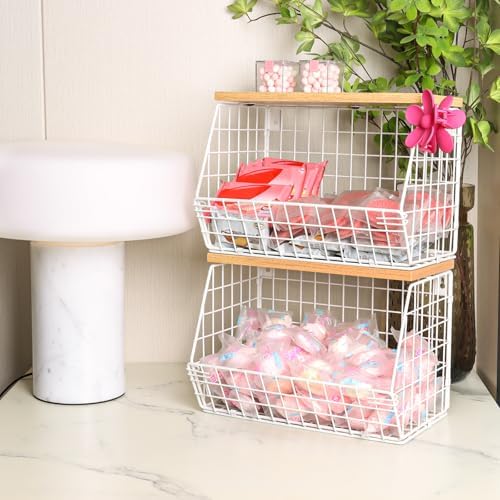 Mefirt Fruit Basket, 2-Tier Fruit Bowl for Kitchen Counter, Stackable Wall Mounted Fruit Storage, Snack Organizer, Potato and Onion Storage Basket, Hanging Pantry Storage with Wood Lid, 2 Set, White - Image 4
