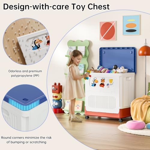 HAIXIN 60QT Storage Bin with Lid and Wheels, White-Blue-Red Toy Chest - Image 6