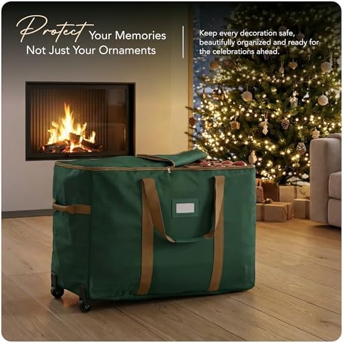 Covermates Keepsakes Rolling Adjustable Ornament Storage Bag – Heavy-Duty Polyester, FlexGrid Trays & Padded Dividers – Protective Holiday Organizer with Wheels, Handles & ID Window, Green - Image 2