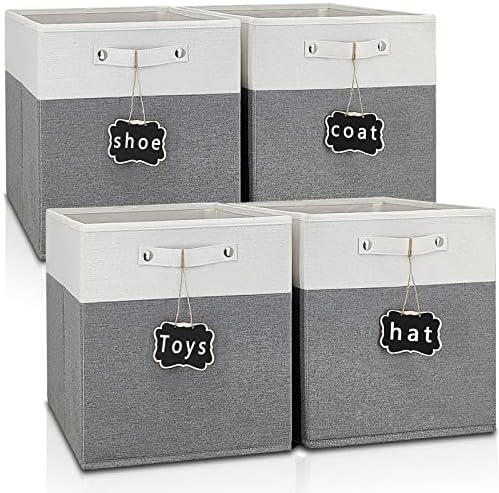 13x15x13 storage cube bins 4 Pack,Collapsible Fabric Storage Cubes with Labels,Linen Cube Storage Organizer Bins with Cotton Handles,Square Storage Cubes for Home,Office,Clothes,Cabinet(White Grey). by Storageexperts