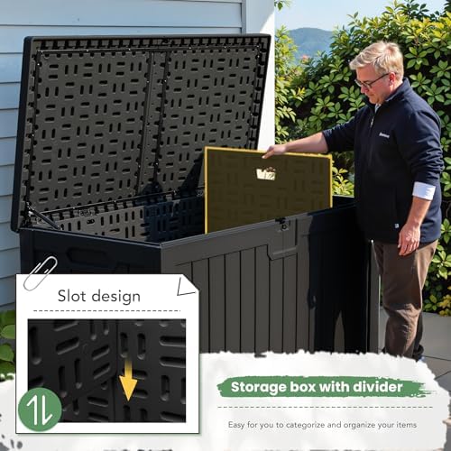 Greesum 230 Gallon HDPE Outdoor Storage Box with Removable Dividers, Weatherproof Oversized Deck Box for Patio, Garage, Garden, Black - Image 4
