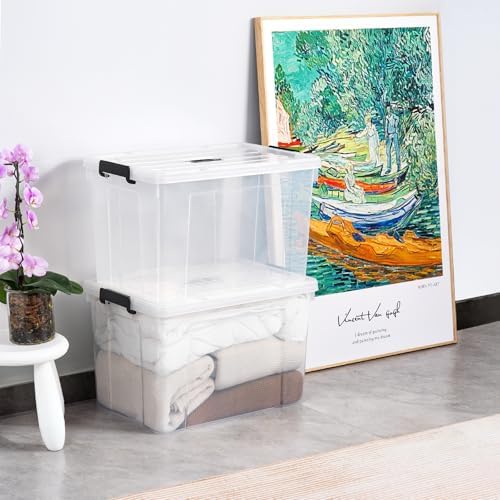 Cetomo Lidded Storage Bin with Handle, Storage Bins with Lid, Organizing Container with Secure Latching Buckles, Stackable and Nestable, Plastic, 95 Quart-4 Pack, Clear - Image 6