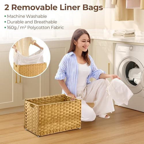 GREENSTELL Storage Basket with Lid, 17.2 Gallon(65L) Small Wicker Blanket Storage Basket with Handles, Foldable, 2 Removable Liner Bags, Metal Frame, for Bedroom, Laundry Room, Natural - Image 3