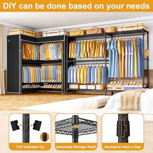 ULIFHOME E15C Pro Garment Rack L Shaped Clothes Rack for Corner，Freestanding Clothing Racks for Hanging Clothes，Heavy Duty Closet System 48.8"W x 15.8"D x 78.4"H，Black Rack with Black Dustproof Cover - Image 6