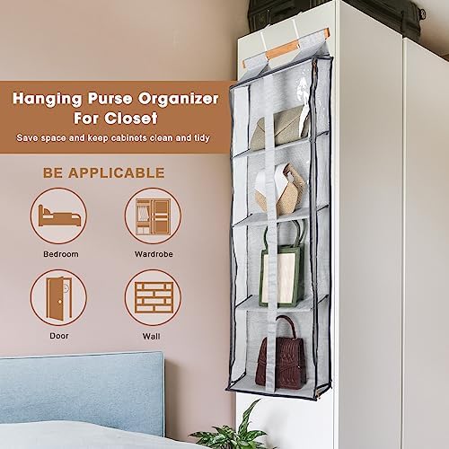 Silkfly 2 Pack Hanging Purse Organizer with Zipper for Closet Handbag Storage PVC Mesh Shelves with 4 Pockets for Bedroom Door Wardrobe Shelf Rack Space Saving(Gray) - Image 6