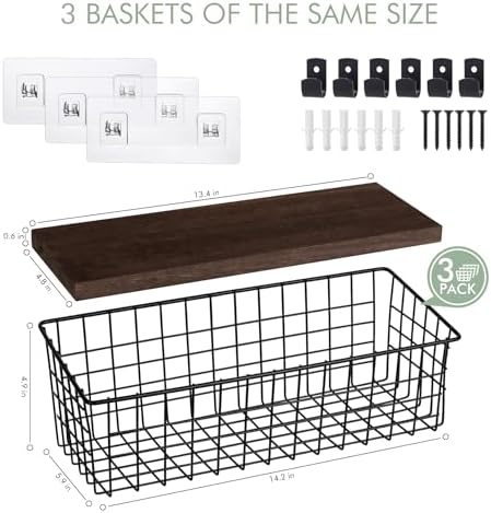Wall Hanging Baskets, 3 Wooden Wire Bins with Hooks & Adhesive Mount(Extra) - Image 2