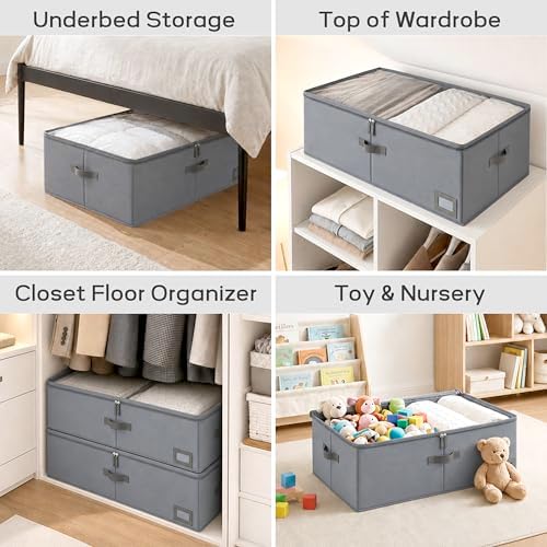 10" High Capacity Under Bed Storage Bins (3-Pack, Charcoal Grey), Deep 600D Heavy Duty Oxford Fabric Organizer Containers with Matching Vegan Leather Handles for Comforters, Pillows & Blankets - Image 5