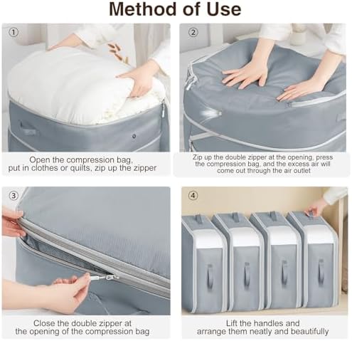 Homsorout 4 Pack Compression Storage Bags - 110L Large Capacity Comforter Storage Bag, 3-Layer Washable Ultra Space Saving Self Compression Organizer Space Bags for Blanket, Sweater, Sheet, Light Gray - Image 4