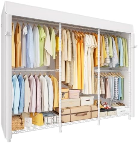 ULIFHOME E14C Pro Heavy Duty Closet Organizer System，Freestanding Clothing Racks for Hanging Clothes，Adjustable Garment Rack 69" W × 16" D × 77" H Hold 960 lbs，White Rack with White Dustproof Cover by UlifHome