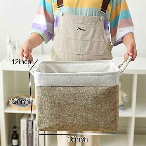TheWarmHome Organization and Storage Basket for Gifts Empty - 16x12x12 inch Cube Storage bin 3 Pack Fabric Storage Cubes, Collapsible Baskets for Organizer Closet Cloth Gift Toy (White & Khaki) - Image 5
