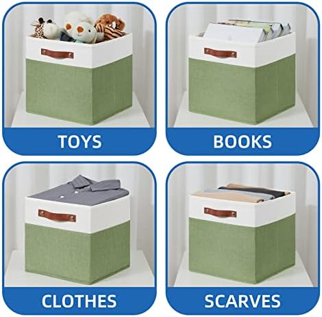Temary 13 Inch Cube Storage Bin 4 Pack Fabric Storage Cubes Fabric Storage Bin for Shelf, Cube Storage Basket with Leather Handles(White&Green) - Image 4