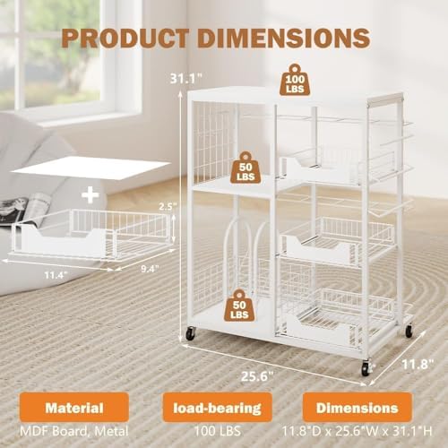 Wrapping Paper Organizer Storage with Wheels, Rolling Gift Wrap Cart with Ribbon and Gift Bag Storage, Craft Organization with 20 Roll Holders and 3 Drawers, White - Image 2