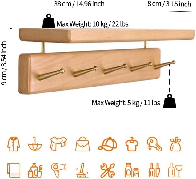 Solid Wood Shelf with Hooks, 15 inch Coat Rack Wall Mount, Shelves with 5 Brass Hooks for Hanging in Entryway, Living Room, Bathroom, Bedroom, Kitchen(Beechwood) - Image 6