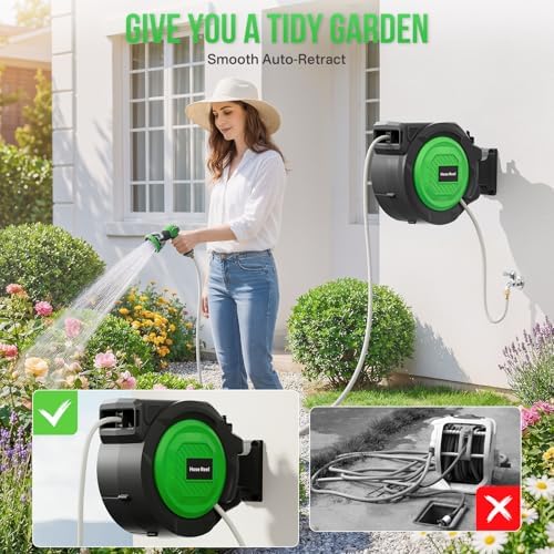 Retractable Garden Hose Reel, 1/2 in x 100 ft Automatic Slow Rewind System & Any Length Lock, Heavy Duty Wall-Mounted Hose Reel with 180° Swivel Bracket,10-Pattern Nozzle for outside Watering,Cleaning - Image 2
